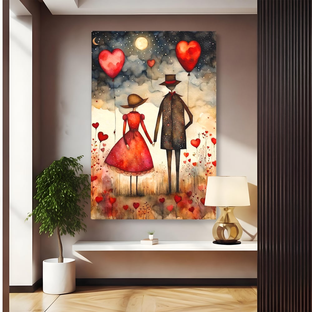 Tablou canvas cu ilustratie cu cuplu si baloane rosii in forma de inima, fara rama, pe sasiu de lemn